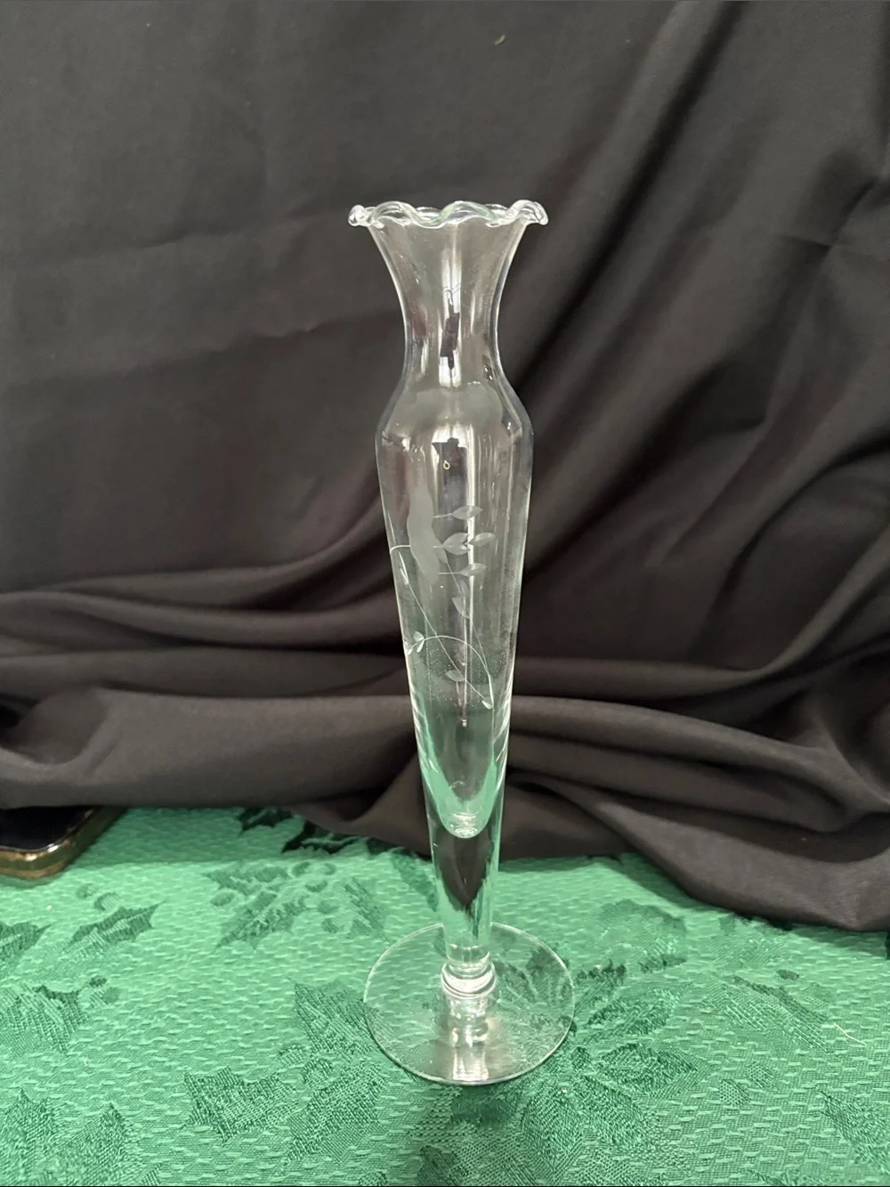 Vintage Princess House Etched Heritage Tall Crystal Ruffled Bud Vase 10